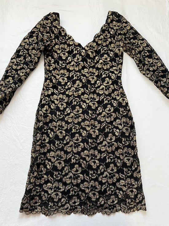 All that Jazz Dresses & Skirts - Vintage dress 90s medium Black Lace Gold Floral print long sleeve bodycon
